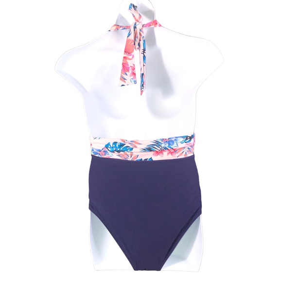 Pink Tropical Floral Deep V-Neck One Piece Swimsuit Retro Vintage PLUS SIZE XXL - Picture 5 of 5